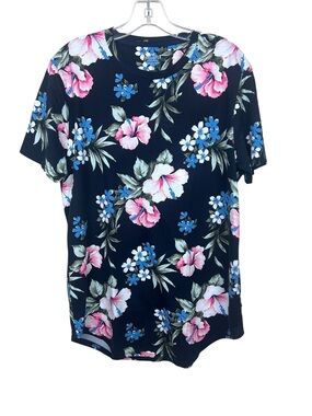 Hollister Mens Black Floral Curved Hem Tee Shirt Short-Sleeve Large Tropical